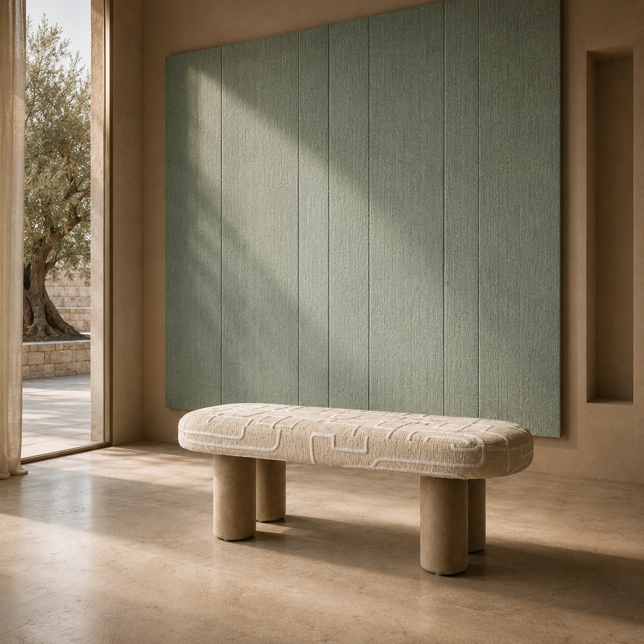 Giulia x Orly bench styled with Tela wall panel by Marianna Piccolo Collection