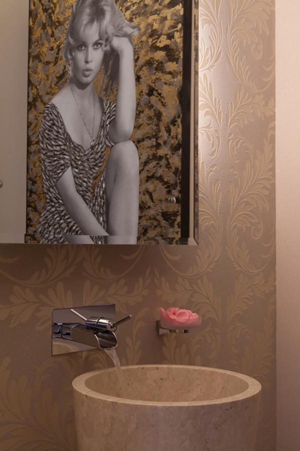 Powder room with a stone vessel sink and a framed portrait photograph, Al Barari Villa, Al Barari, Dubai