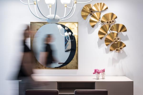 Dining console with a round mirror flanked by brass fan wall sculptures, Al Fairooz Marina, Three Bedrooms, Dubai Marina, Dubai
