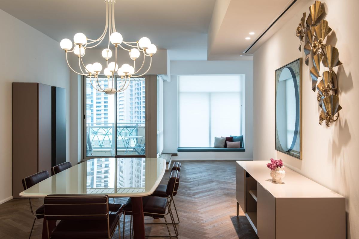 Dining room with a crystal chandelier, glass table, and a marina view, Al Fairooz Marina, Three Bedrooms, Dubai Marina, Dubai