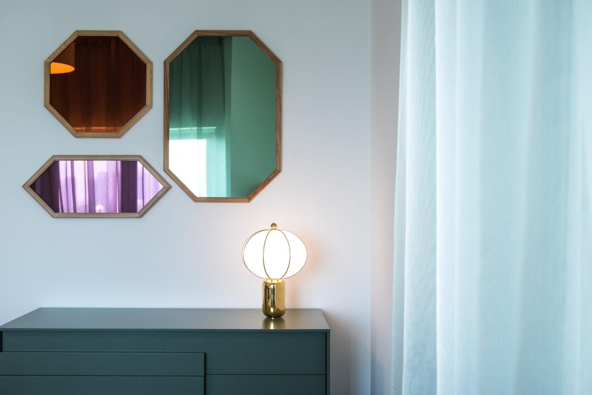 Bedroom dresser with geometric coloured glass mirrors above it, Al Fairooz Marina, Three Bedrooms, Dubai Marina, Dubai