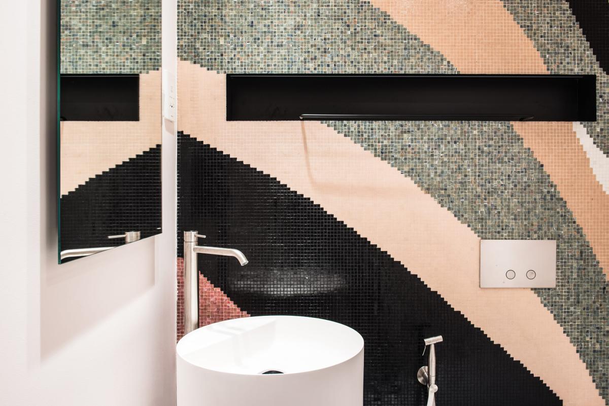 Bathroom with a black and white geometric mosaic wall and a round vessel sink, Al Fairooz Marina, Three Bedrooms, Dubai Marina, Dubai