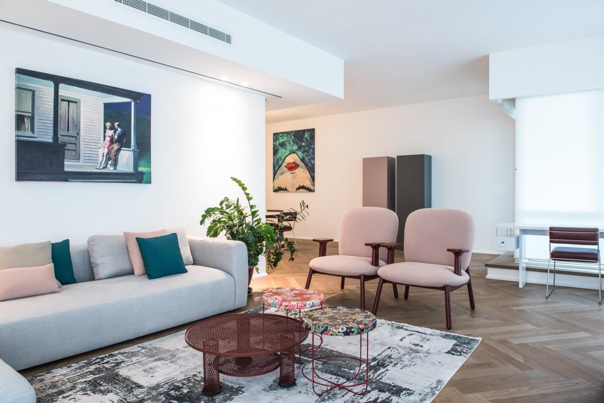Living room seating area with blush pink armchairs and a patterned rug, Al Fairooz Marina, Three Bedrooms, Dubai Marina, Dubai