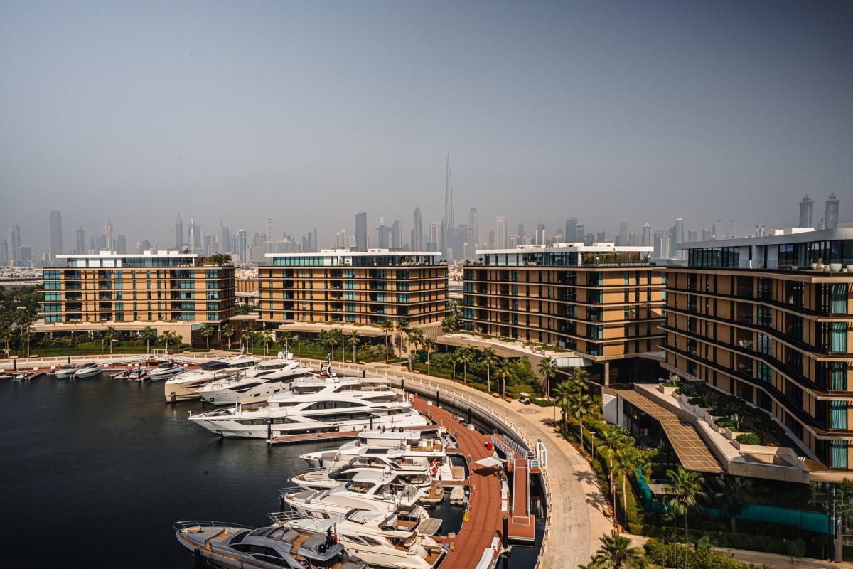 Aerial view of the building overlooking the marina, Bulgari Penthouse Building, Bulgari Island, Dubai