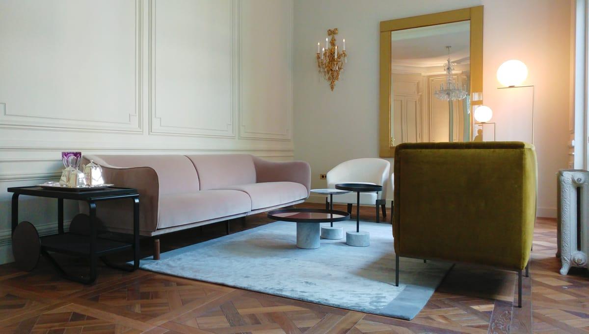 Living room seating area with herringbone parquet floor, Duplex on Boulevard Saint-Germain, Paris