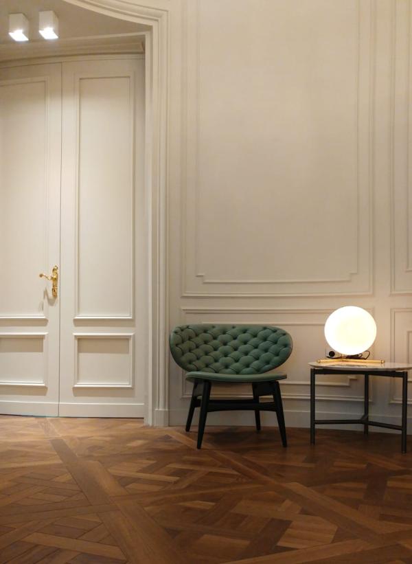 Entrance hallway with a green velvet bench, Duplex on Boulevard Saint-Germain, Paris