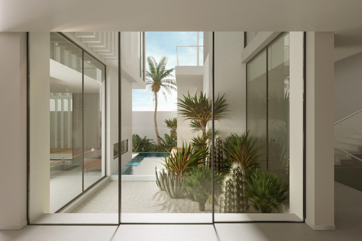 Entrance courtyard with succulents seen through glass doors, Jumeirah Beach Villa, Jumeirah 1, Dubai