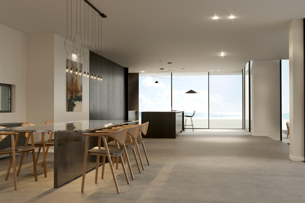Open kitchen with a dark island and wood bar stools, opening to a sea view, Jumeirah Beach Villa, Jumeirah 1, Dubai