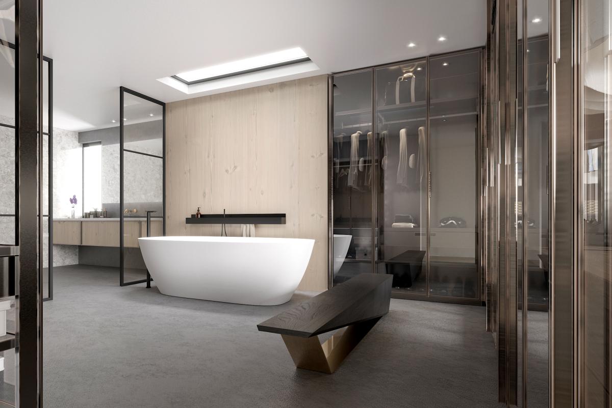 Bathroom suite with a freestanding oval tub and glass partitions, Jumeirah Beach Villa, Jumeirah 1, Dubai