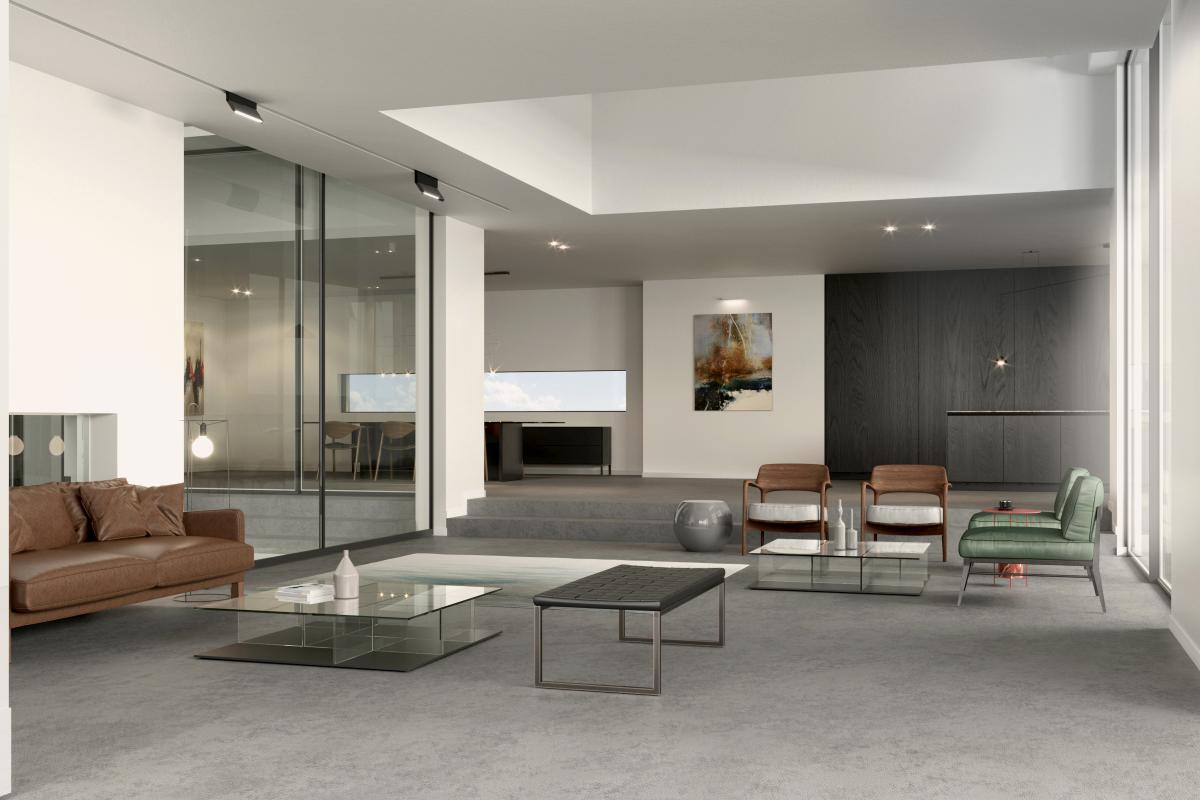 Living room with a brown leather sofa, glass coffee tables, and a fireplace, Jumeirah Beach Villa, Jumeirah 1, Dubai