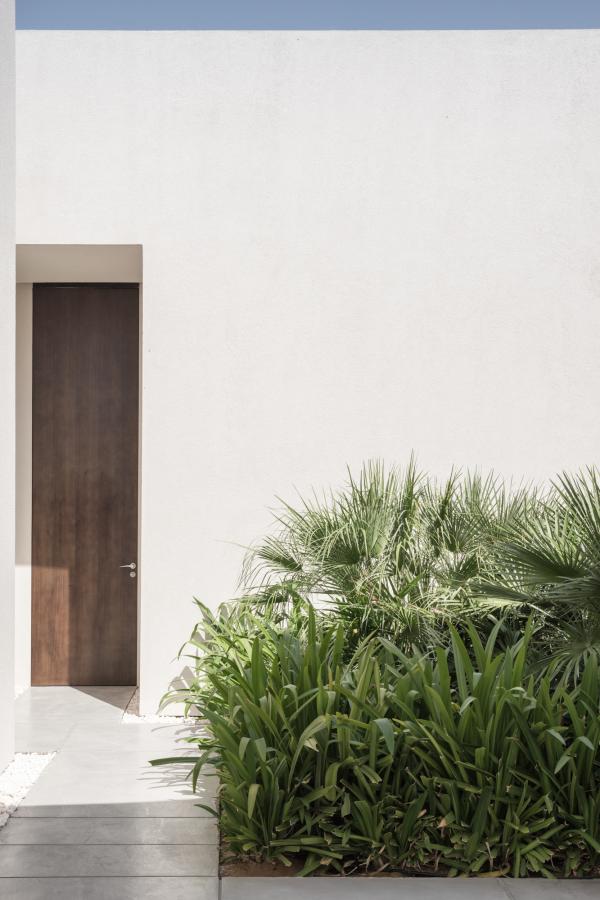 Building exterior with timber door and palm landscaping, Oberoi Resort, Ajman