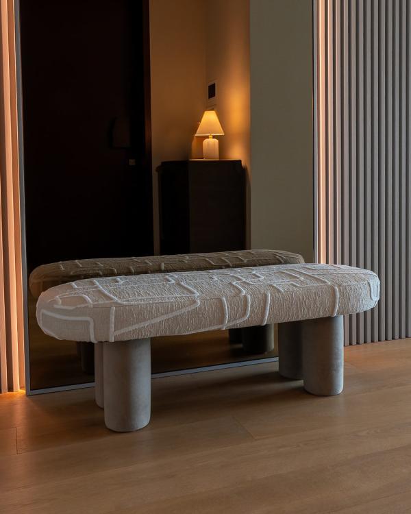 Entrance hallway with a sculptural stone bench, One at Palm, Three Bedrooms (Central Wing), Palm Jumeirah, Dubai