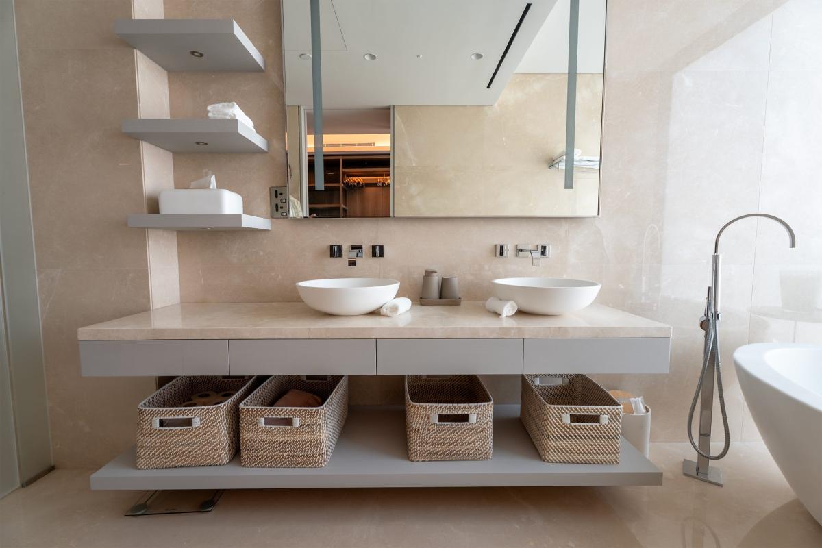 Bathroom with a double vanity, woven storage baskets, and a freestanding tub, One at Palm, Three Bedrooms (Central Wing), Palm Jumeirah, Dubai
