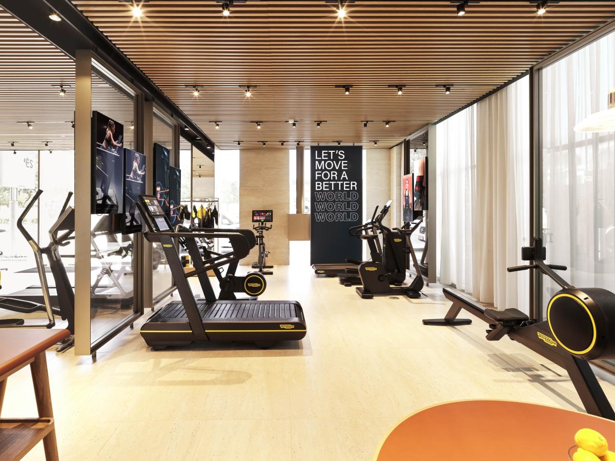 Showroom floor with cardio equipment and glass storefront, Technogym Headquarters, Dubai