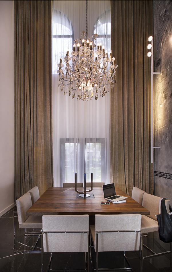 Window alcove with sheer curtains and pendant chandelier, Villa Canal Cove, Palm Jumeirah